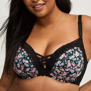 Torrid XO Plunge Push Up Bra 38C Black Floral Lace Trim